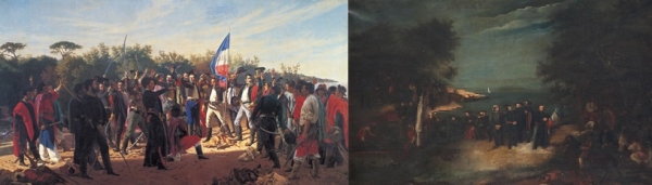 Desembarco de los 33 Orientales. De izquierda a derecha, obras de J.M. Blanes y de Josefa Palacios, respectivamente